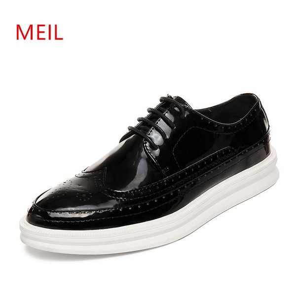 

meil new 2018 shoes men patent leather shoes mn casual silver flat mens brogue loafers male chaussure homm, Black