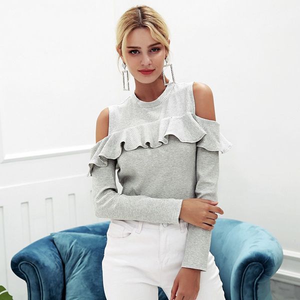 

cold shoulder female long sleeve sweater women sweet pink ruffles knitted pullover autumn winter jumper, White;black