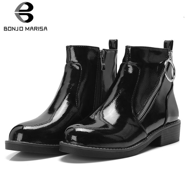 

bonjomarisa 32-43 lady zipper decorating boots fashion patent pu ankle boots women 2019 casual low heel shoes woman, Black