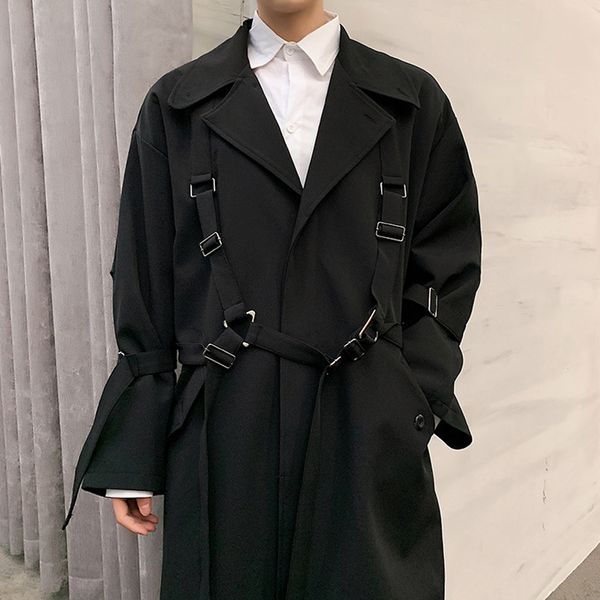 

2020 men high street punk hip hop ribbon loose long trench coat spring autumn male streetwear fashion windbreaker jacket, Tan;black