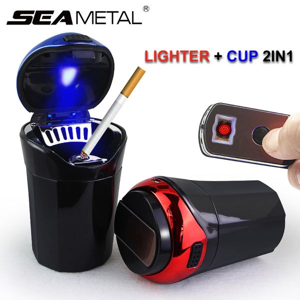 

ashtray lighter 2in1 car led light usb cup smoking cigarette trash holder ash tray box smoke electronic interior accessories man