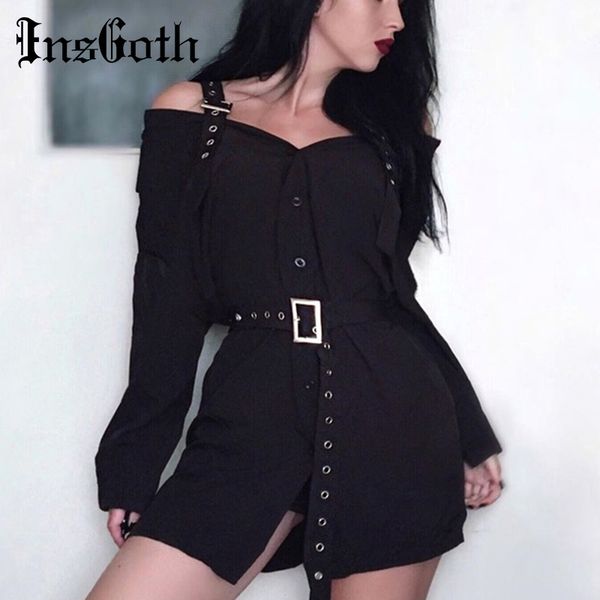 

insgoth off shoulder mini t-shirt dress gothic streetwear loose black retro dress casual long sleeve dress with belt female, Black;gray