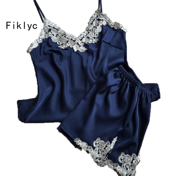 

fiklyc brand women's lace satin pajamas sets fashion female v-neck lingerie pijamas sets 2019 homewear pyjama, Black;red