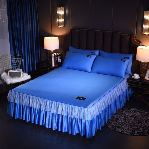 

korean silk bedspread bed skirt pillowcases 1/3pcs girls bed sheet solid mattress cover wedding princess bedding home decoration