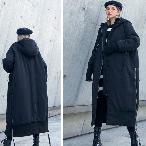 

women long winter thick jacket hooded ladies coat thick parka oversize warm outwear hip streetwear loose plus size overcoat, Black