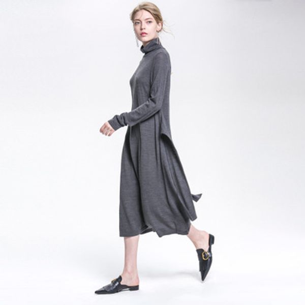 

2018 new women waist strap high collar dress fashion ladies long sleeve large swing wool knit dress brief female casual dresses for commuter, Black;gray