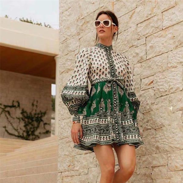 

round neck lantern sleeve mini print lace up dress slim fit with loose high waist dress women temperament commute women, Black;gray