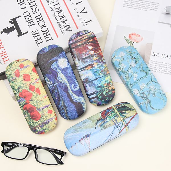 

new 1pcs oil painting glasses case box women hard leather reading glasses case men retro floral print eyewear protector, Silver