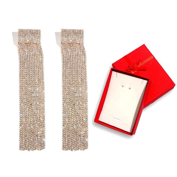 

flatfoosie luxury crystal tassel long earrings for women fashion gold silver color statement earrings with gift boxes jewelry, Golden