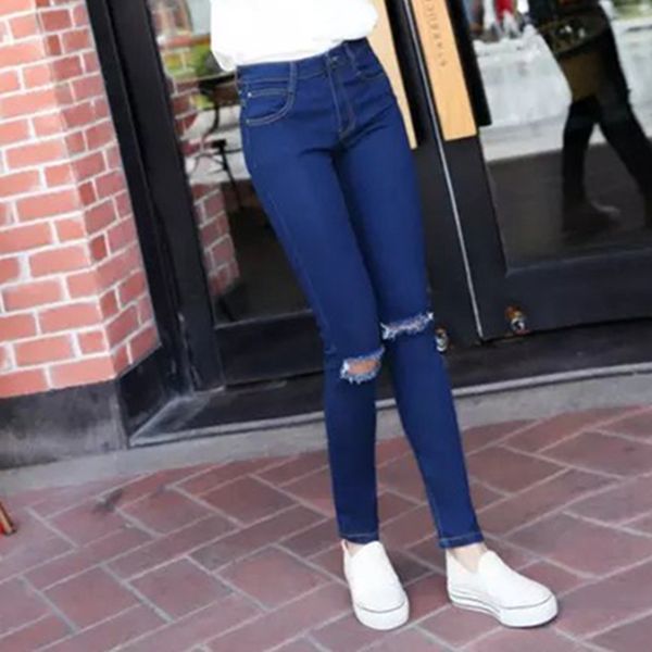 

blue black knee ripped jeans for women hole ripped knee skinny jeans stretch push up woman casual pencil denim trousers