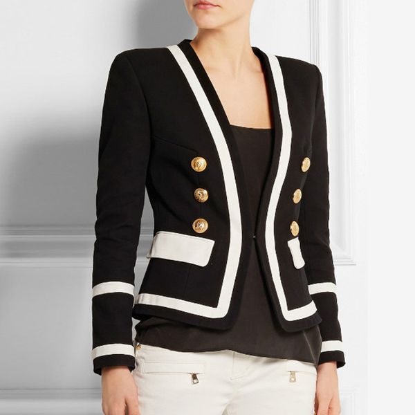 

high street new fashion 2019 designer blazer women's classic black white color block metal buttons blazer jacket outer wear, White;black