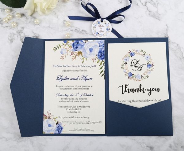 

100pcs blue pink burgundy greeting cards with envelope customized party wedding invitations with ribbon and tag, dh0001