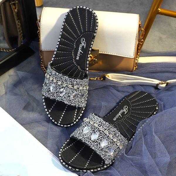 

women textured rhinestone glitter slide flat crystal sandal ladies open toe jeweled sandals girls bling sandals wide width, Black