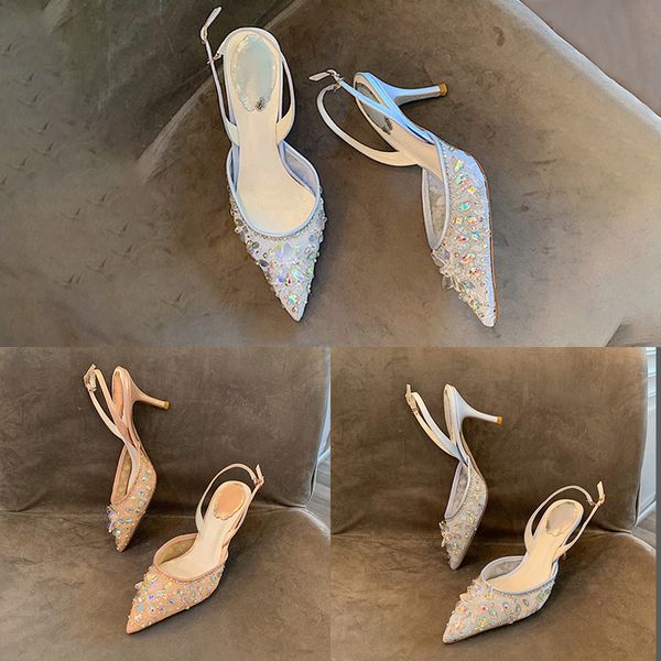 

designer womens sandals luxury blue apricot metal button rhinestones pointed high heels summer fashion with box size 35-40, Black