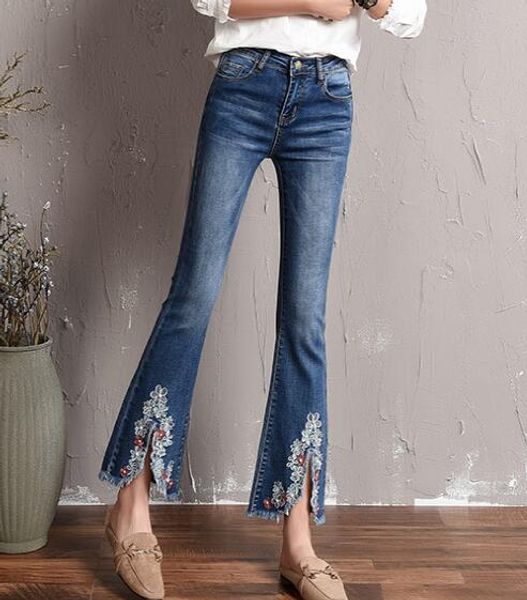 

flare брюки для женщин плюс размер случайных капри джинсы вышивка осень весна лето новая мода кисточка брюки tyn0703, Blue