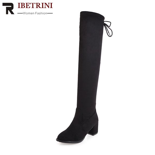 

ribetrini popular plus size 34-46 5.5cm high square heels solid knee-high ladies boots thick fur addable, Black