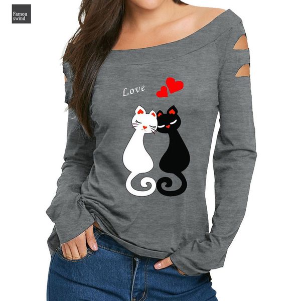 

newly women shirt ladies off shoulder cat love prints long sleeve 28 dropshipped july, White