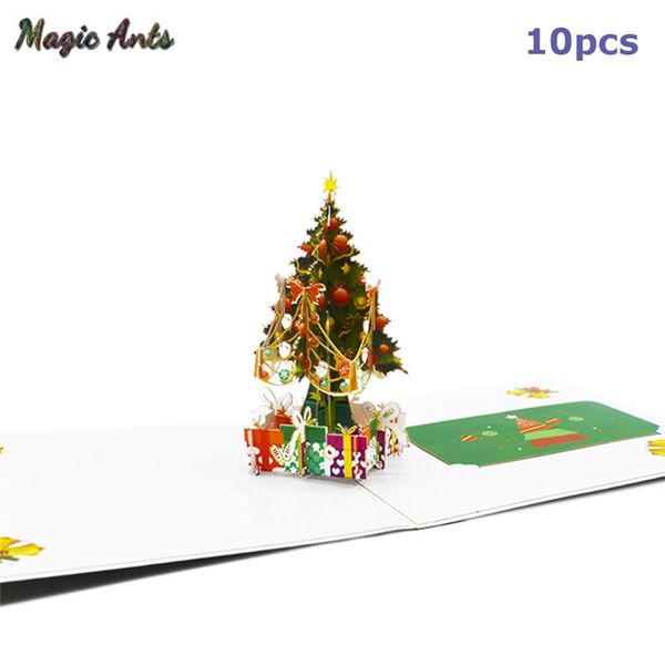 

10 pack merry christmas cards christmas tree up cards with envelope sticker laser cut new year greeting gifts handmade