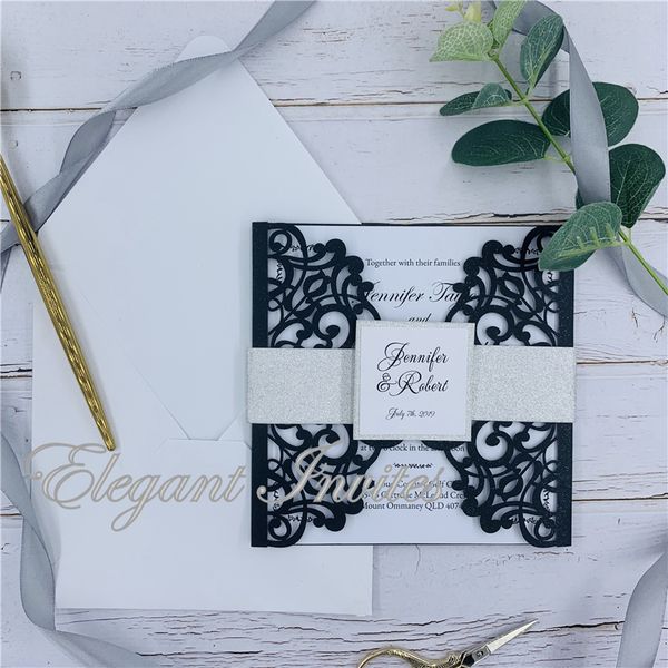 

black laser cut wedding invitations card lace elegant greeting card customize with belly band wedding party decoration
