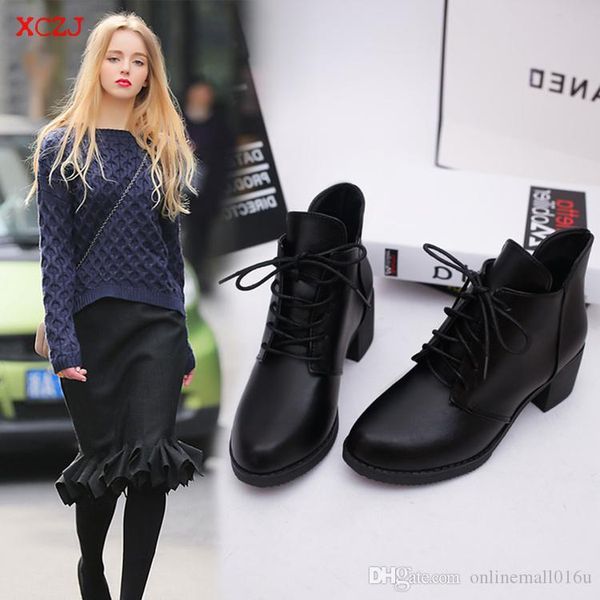 

осенью 2018 года новый martin all-матч на высоком каблуке сапоги женские британский стиль зашнуровать обувь и круглых кашемира грубо, Black
