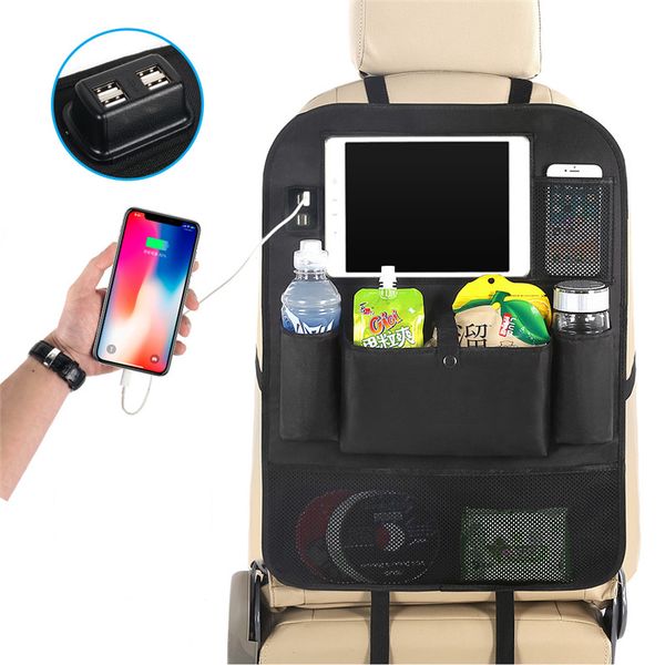 

gspscn kick mats car seat back protectors,storage pockets seat back organizer with 4 usb charger for stowing tidying