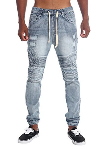 

victorious distressed biker denim jogger pants, Blue