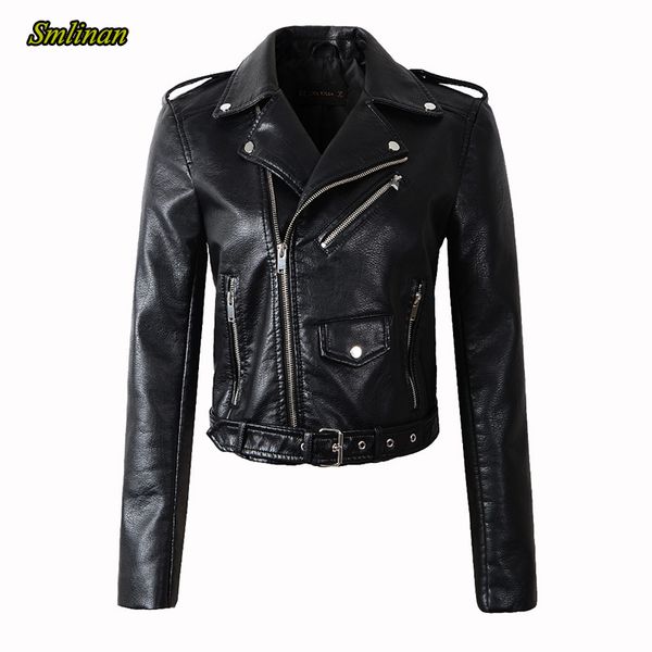

smlinan 2020 женская искусственная искусственная кожаная куртка верхняя одежда женщины отложной воротник молния мотоцикл байкер пальто ярко, Black