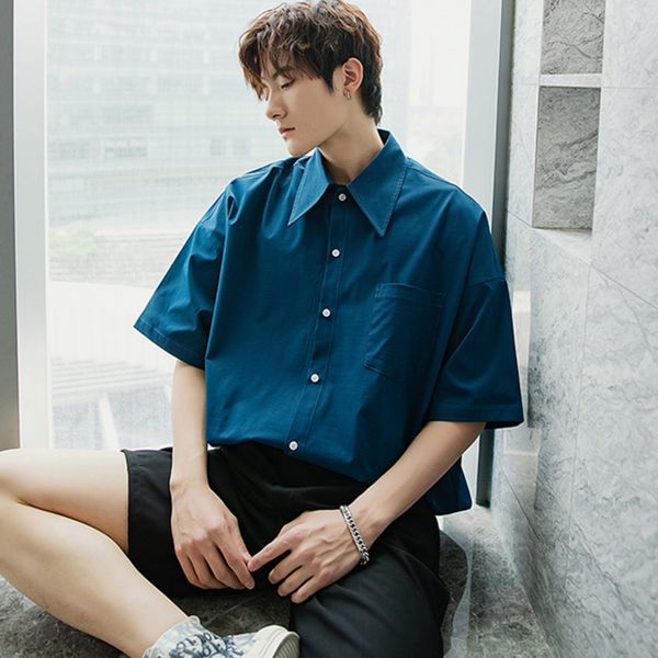 

ewq / men's wear korean oversize loose blue short-sleeved shirt for male 2020 summer new tide steetwear with pocket 9y1965, White;black