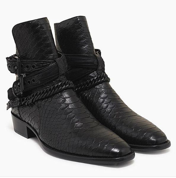 

man black embellished croc-effect leather jodhpur boots genuine leather chain luxury fashion brand new ankle boots bandana strap shoes