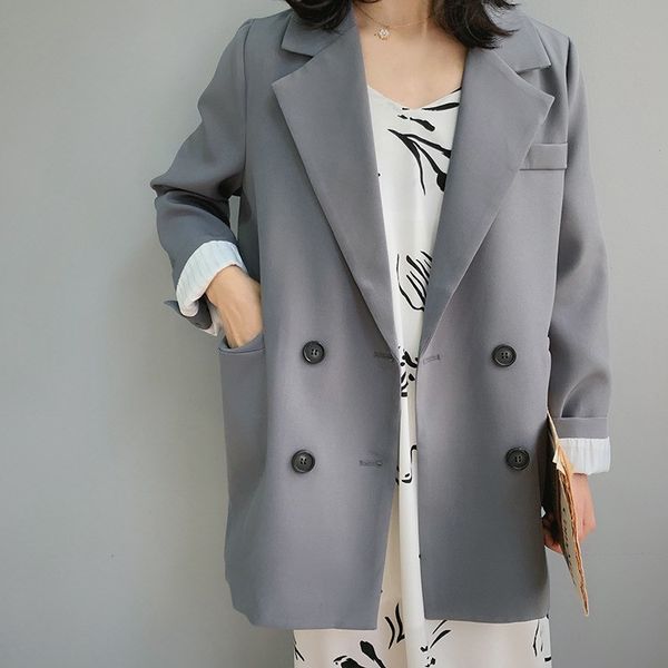 

spring chic loose blazer women coat double breasted long suit jacket female office casual blazer, White;black