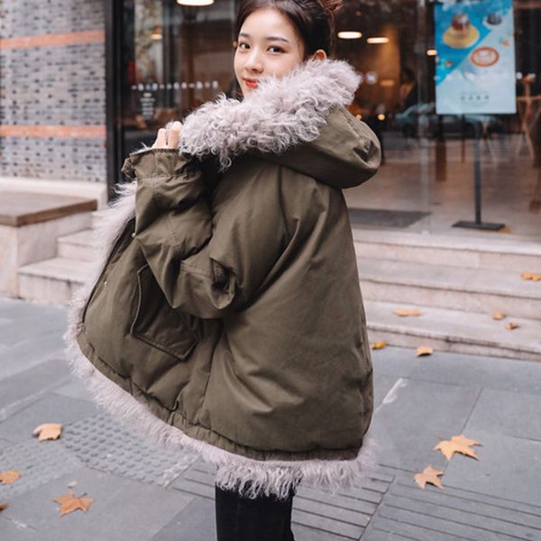 

lamb hair plus velvet thick warm hooded fashion down women cotton coat 2019 new outerwear parkas women coat ko389, Black