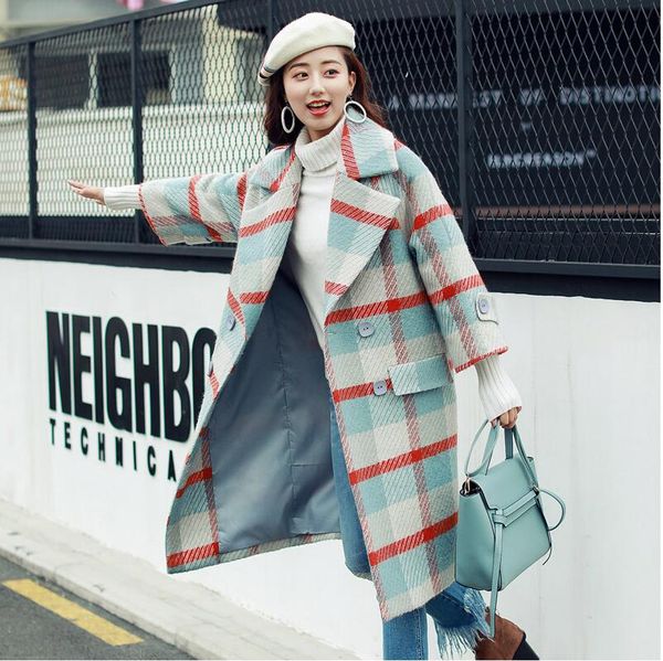 

autumn winter wool women plaid pockets office work long coats fashion brand lady loose lapel long-sleeved coat ing, Black