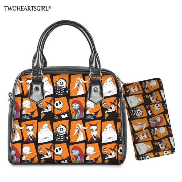 

twoheartsgirl 2pcs women shoulder bag lady's casual tote bag nightmare before christmas print female leather hand with purse