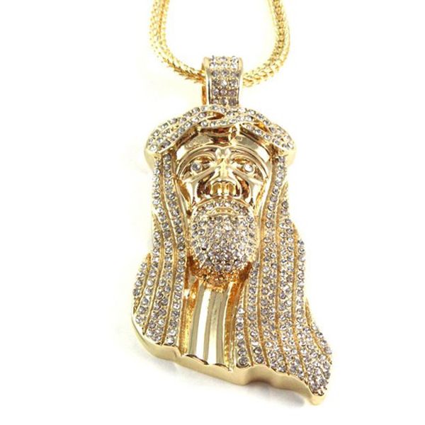 

new iced out jesus face pendants with 32" franco rope chain hiphop style necklace gold silver plating hip hop jewelry necklace