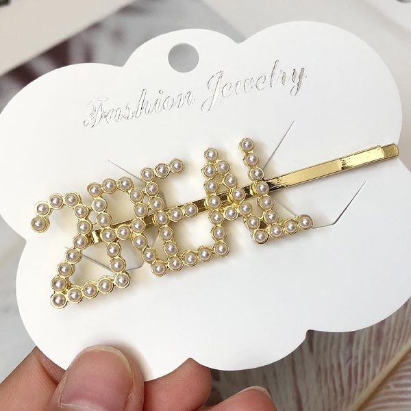 

hc015 new design fashion 2real letter pearl bobby pin personality custom english letter hair pin women bangs clip, Golden;white