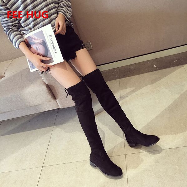 

fee hug fashion winter autumn over-the-knee boots women flats soft suede leather woman boots point toe black shoes euro 40