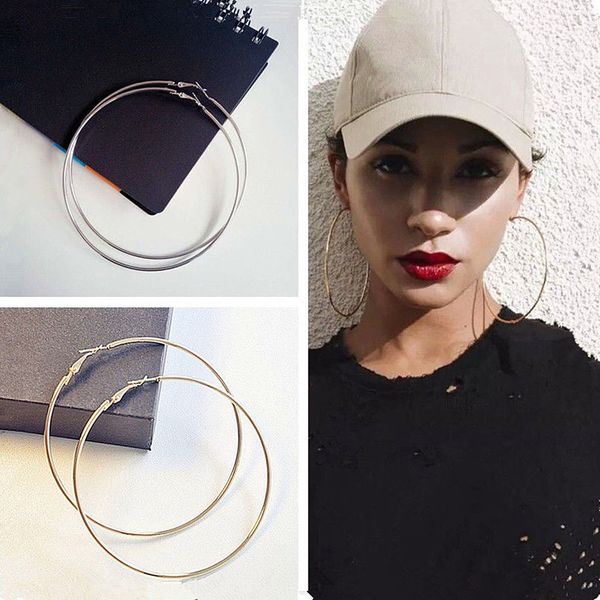 

2 sizes 2017 women gold silver color metal big circle smooth large big round hoop earings for women fashion jewelry, Golden;silver