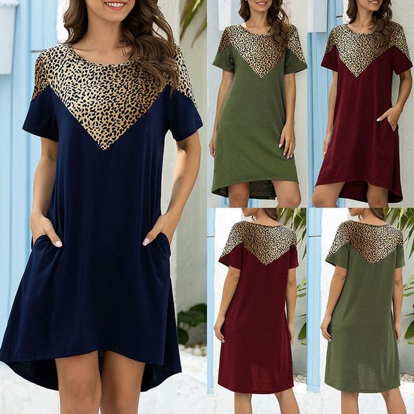 

fashion dress women a-line dress leopard printed stitching short sleeve o neck loose casual pocket summer sexy, Black;gray