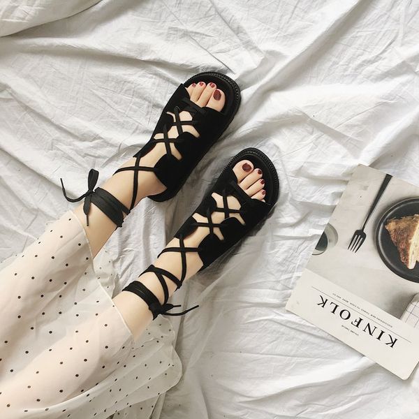 

2019 new style chic fish mouth rome sandals women's summer cross straps students platform black and white with pattern thick bot