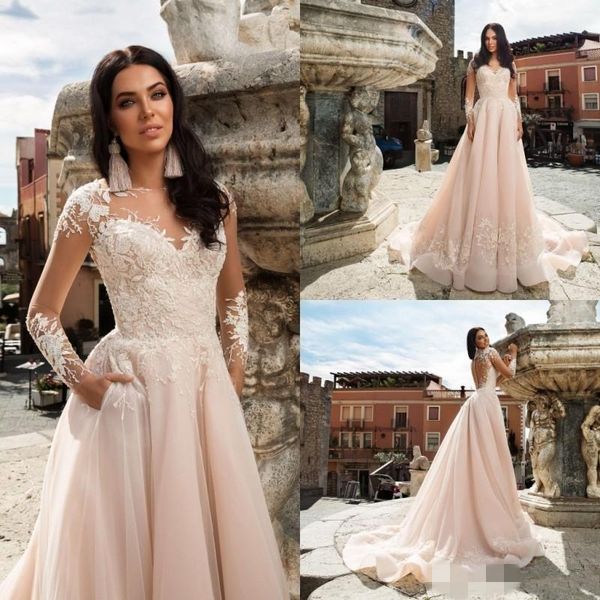 

2019 blush pink a line wedding dresses long sleeves lace applique bateau neckline organza chic illusion back wedding gown, White