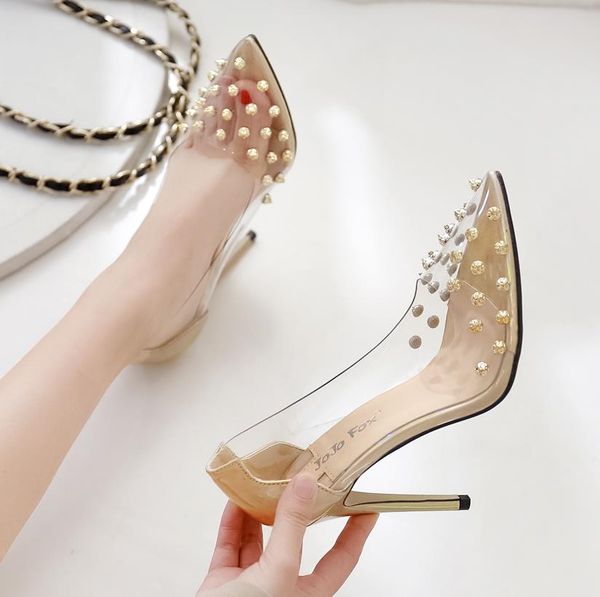 

with box trendy rivets spikes transparent clear heels gold silver fashion luxury designer women shoes size 35 to 41, Black