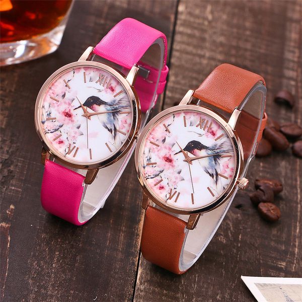 

rose gold creative leather wrist watch chinese style flower bird women watch fashion ladies dress quartz clock montres femme new, Slivery;brown