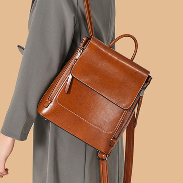 

oil wax genuine leather female backpack rucksack shoulder bag school messenger bag women daypack knapsack cross body bags