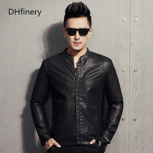 

dhfinery leather jacket men spring and autumn long sleeve stand collar male motorcycle faux leather coat plus size m-3xl 605a, Black