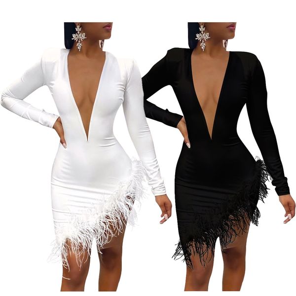 Frauen Solide Plunge Flauschigen Unregelmäßige Party Kleid Unregelmäßige Bodycon Mini Kleid Mode Lässig Stil Schwarz und White237F