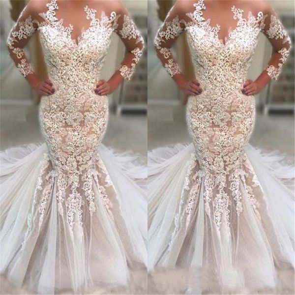

custom made mermaid wedding dresses gorgeous long sleeve 2019 lace appliqued ruched tulle bridal gowns with court train, White