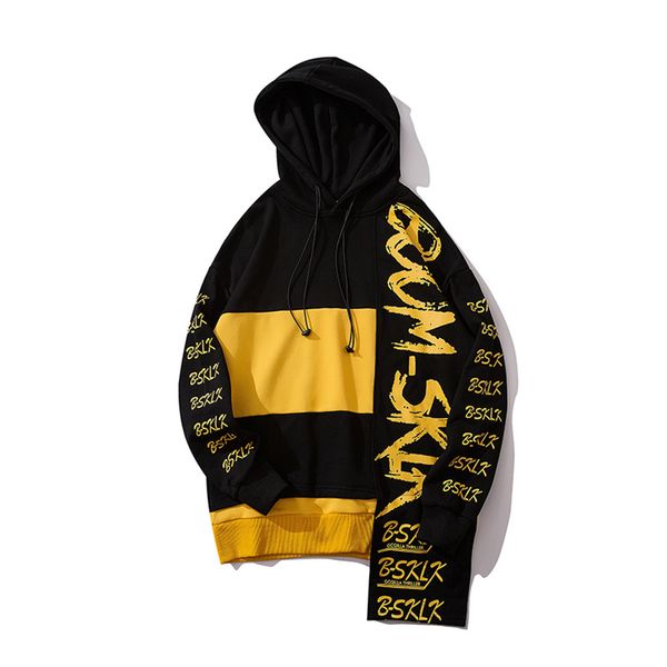 

high street fashion sweatshirt men autumn original letter printing stitching irregular hem hooded hoodies color block hoodie, Black