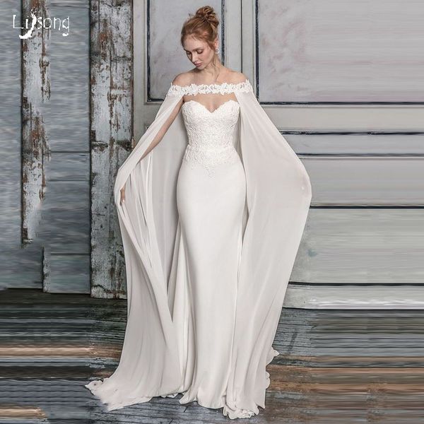 Elegantes weißes Chiffon-Applikationen-Bodenumhang-Meerjungfrau-Hochzeitskleid, schulterfrei, trägerlos, nach Maß, fließendes Sommerbraut-Maxikleid