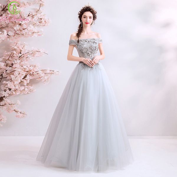 

ssyfashion new grey lace evening dress boat neck floor-length a-line appliques elegant banquet long formal gowns robe de soiree, White;black