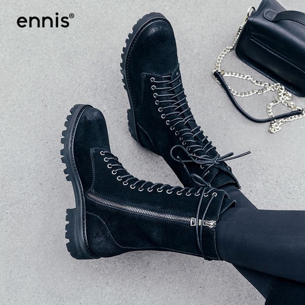

ennis 2019 черные мотоциклетные сапоги женщины натуральные замшевые кожаные сапоги на платформе, босоножки, круглый носок обувь осень зима a, Black